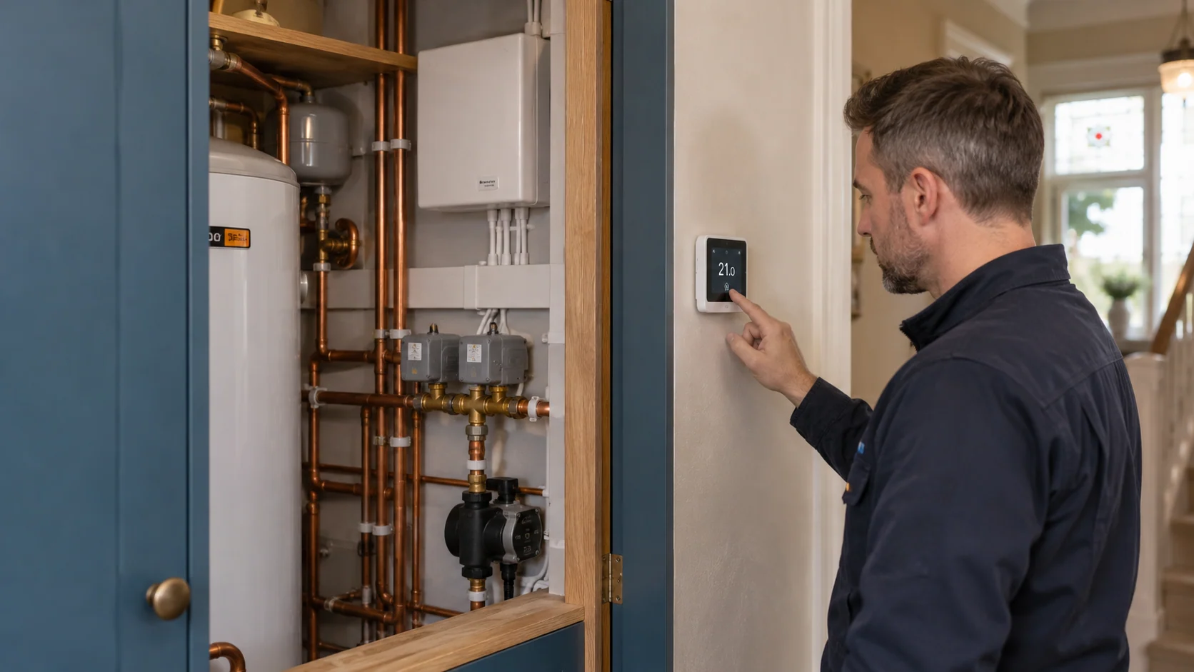 Heating engineer adjusting a wall-mounted heating controller beside organised control equipment.