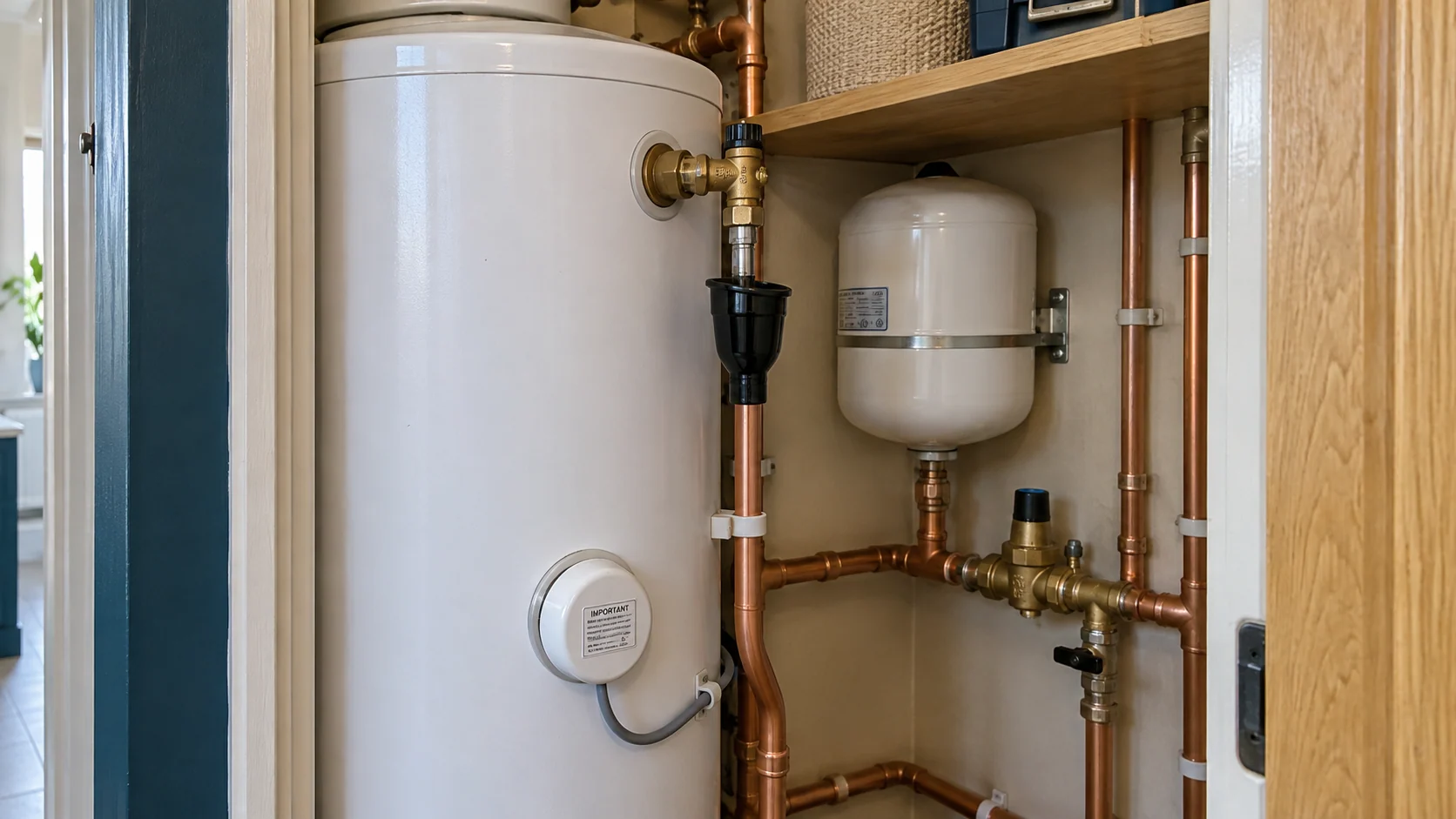 Domestic hot-water cylinder with accessible inlet controls and a vertical tundish discharge arrangement.