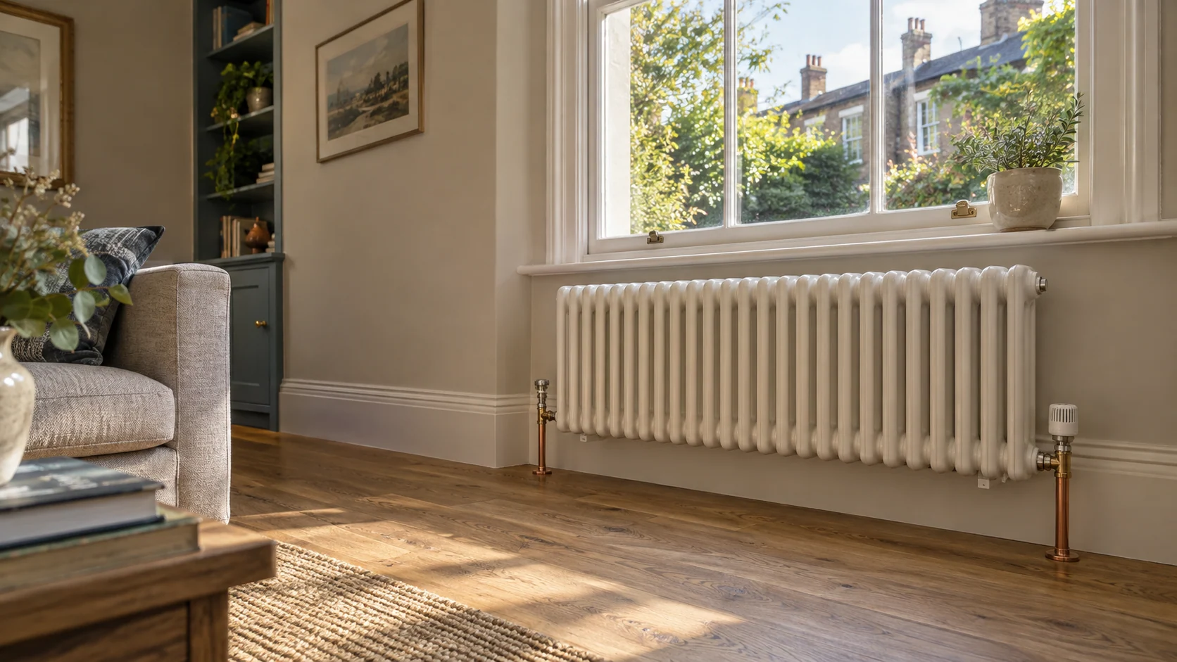 Column radiator with connected valves beneath a bay window in an Edwardian-style living room.