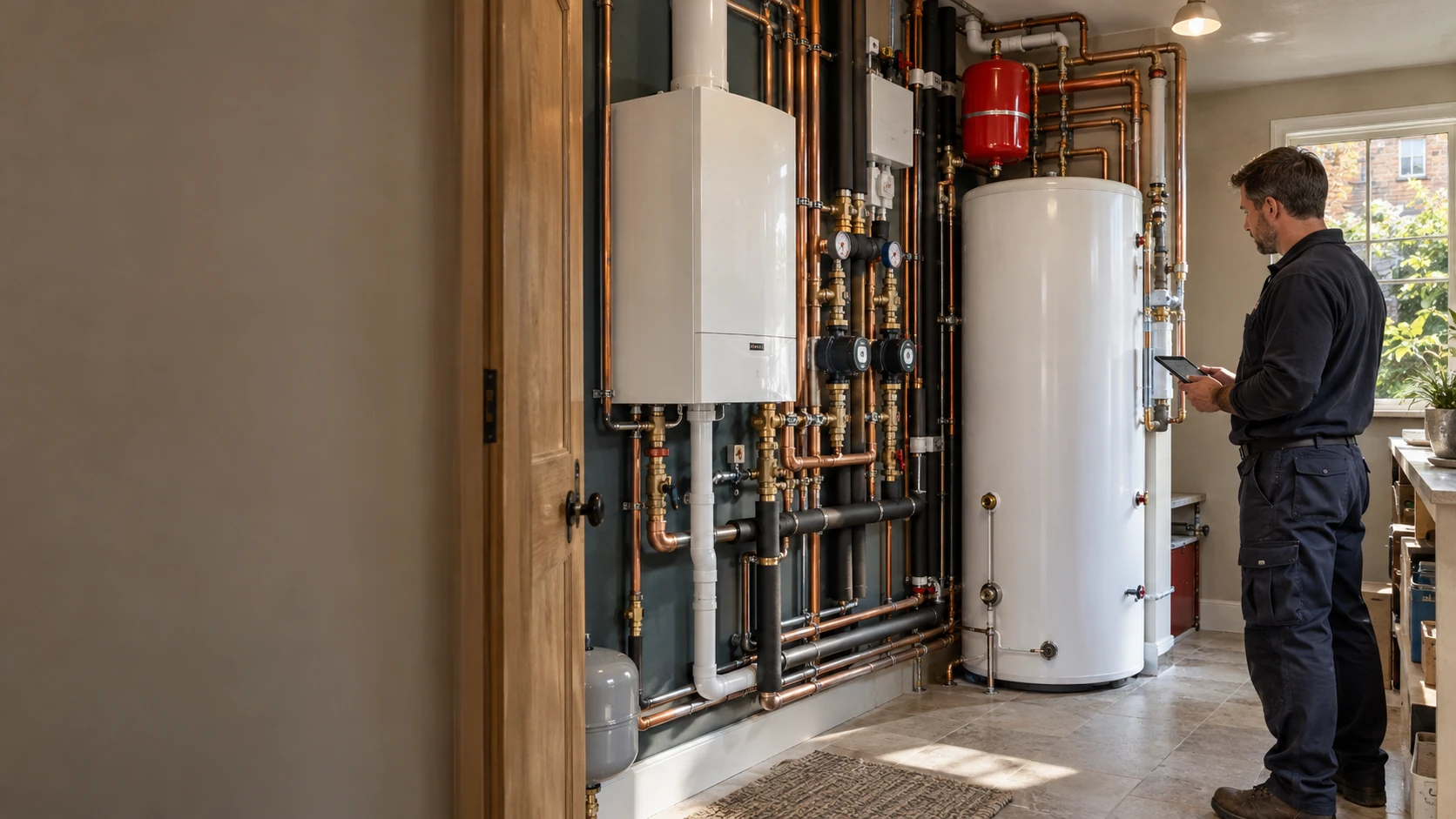 Heating engineer inspecting a domestic plant room with a boiler, hot-water cylinder and copper distribution pipework.