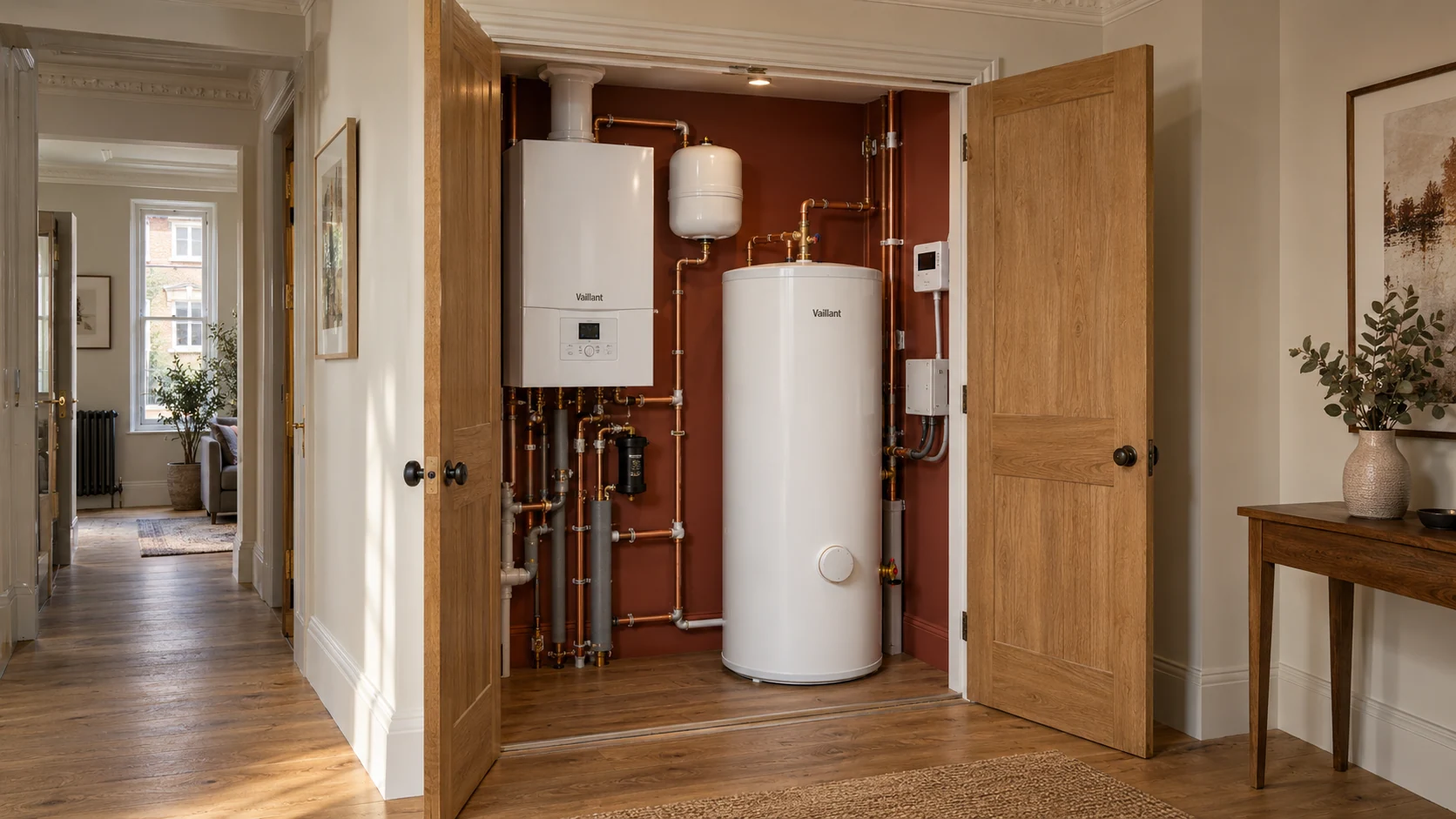 Open service cupboard with a wall-mounted boiler, hot-water cylinder and accessible heating pipework.