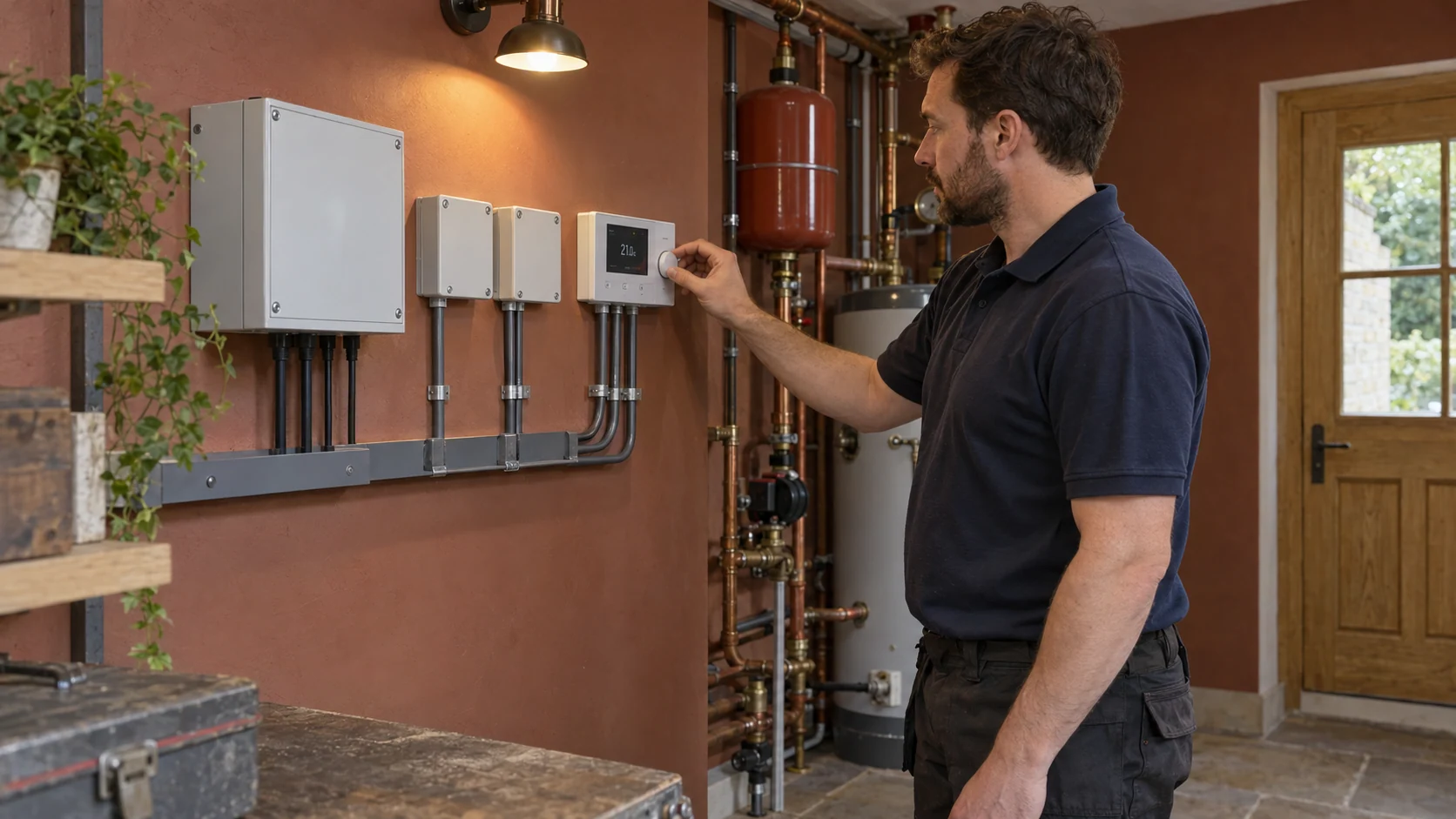 Engineer adjusting a wall-mounted heating controller beside enclosed control boxes and tidy conduit.