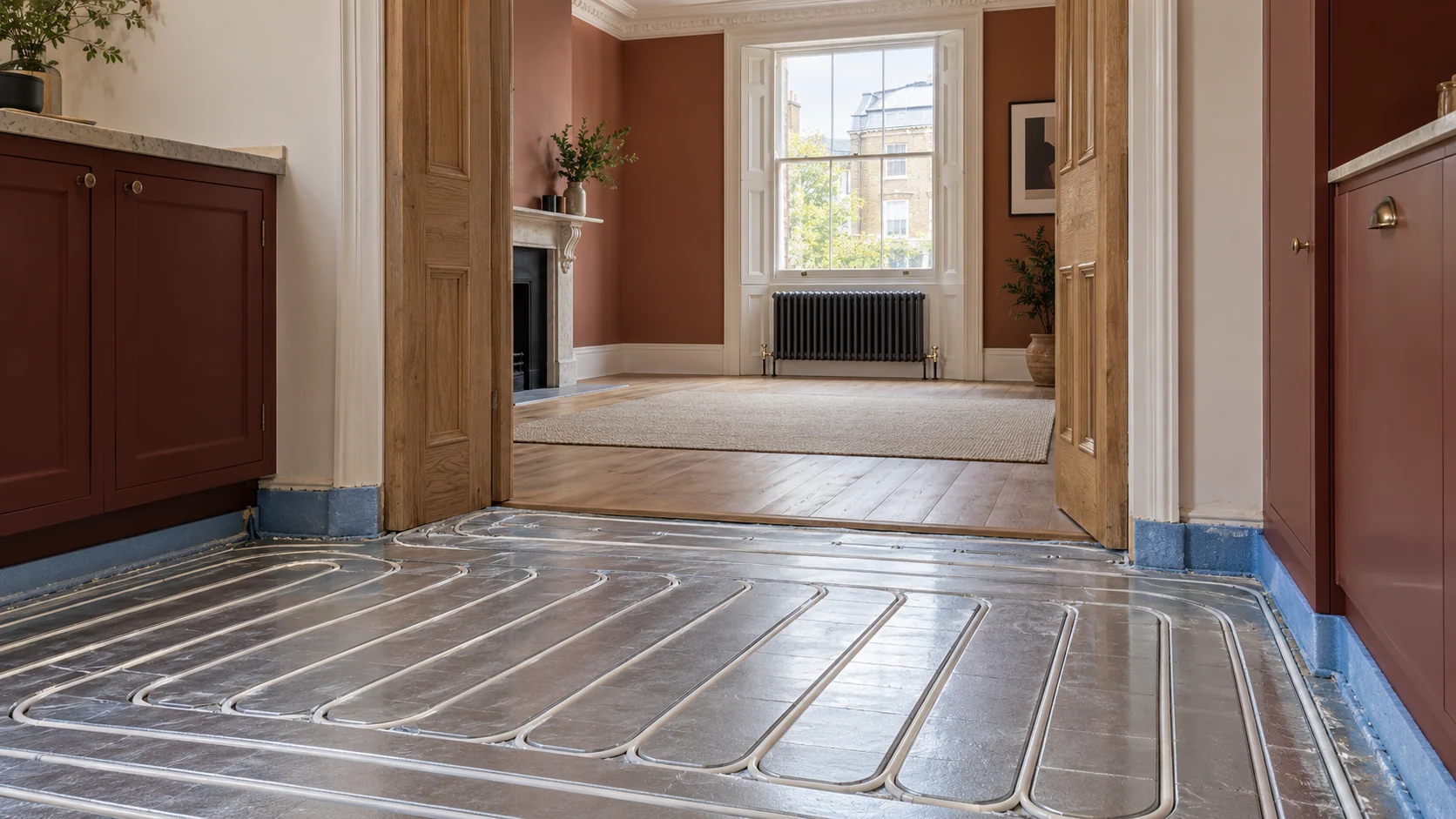 Low-profile underfloor heating panels in a kitchen beside a reception room with a column radiator.