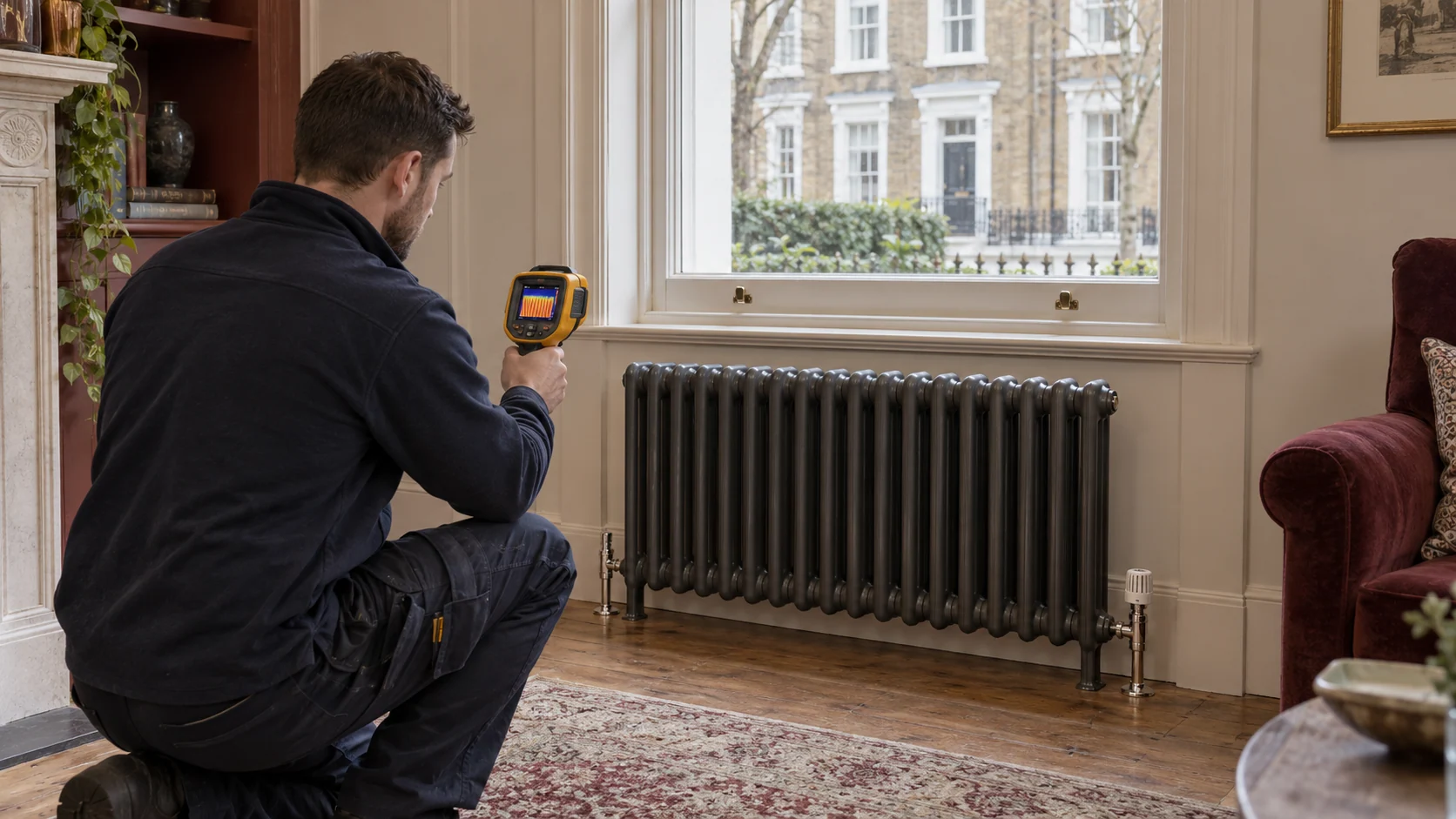 Heating engineer checking a column radiator with a handheld thermal-imaging camera.