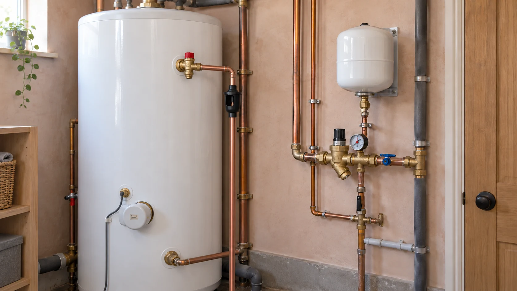 Hot-water cylinder with an expansion vessel, inlet controls and a visible discharge tundish.
