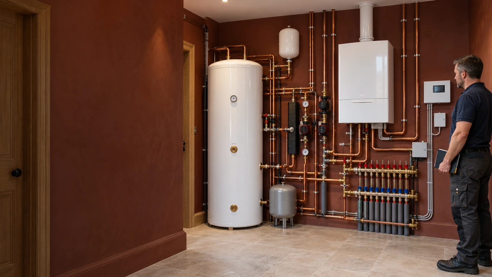 Engineer beside a domestic plant-room installation with a boiler, hot-water cylinder, copper pipework and heating manifolds.