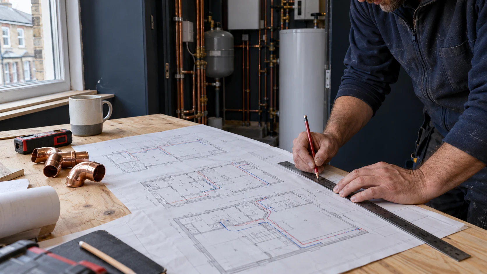 Heating engineer reviewing floor plans and pipe routes during a residential refurbishment.