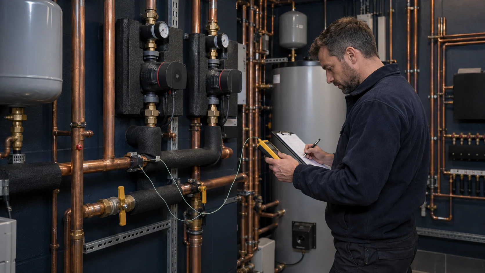 Heating engineer comparing flow and return pipe temperatures using connected clamp probes.