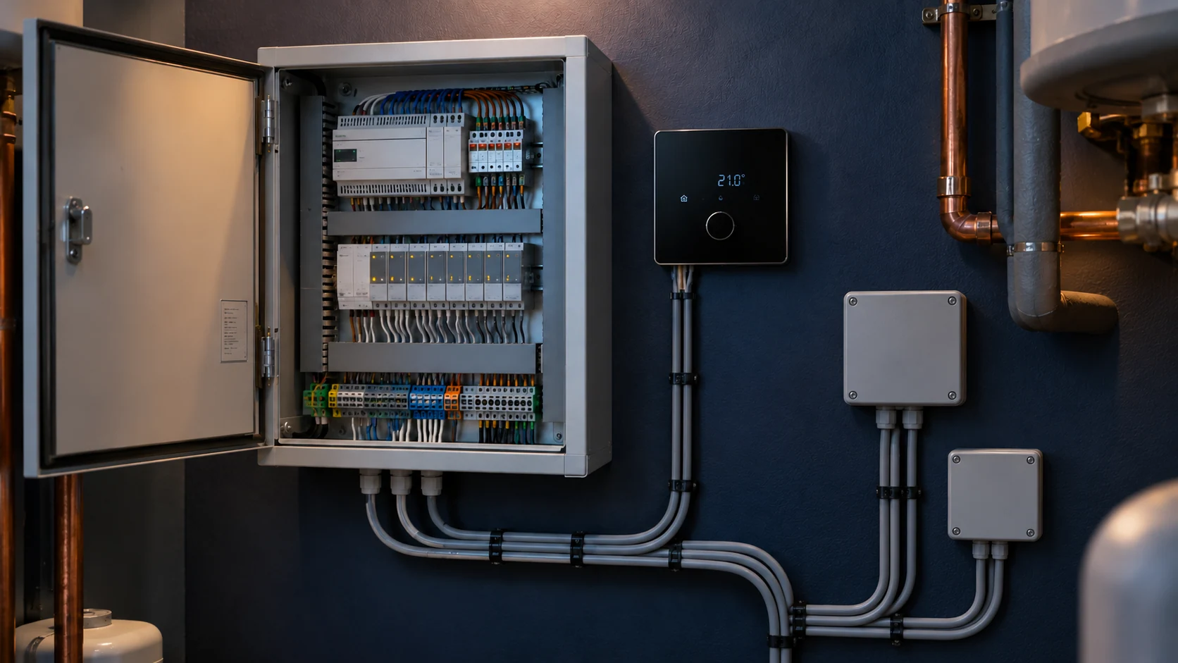 Heating control cabinet with orderly wiring, control modules and a wall-mounted system controller.