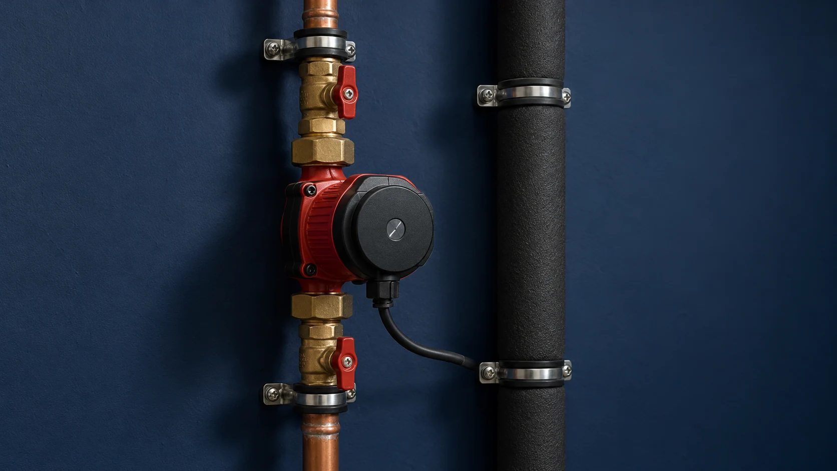 Heating circulation pump with accessible isolation valves beside an insulated return pipe.