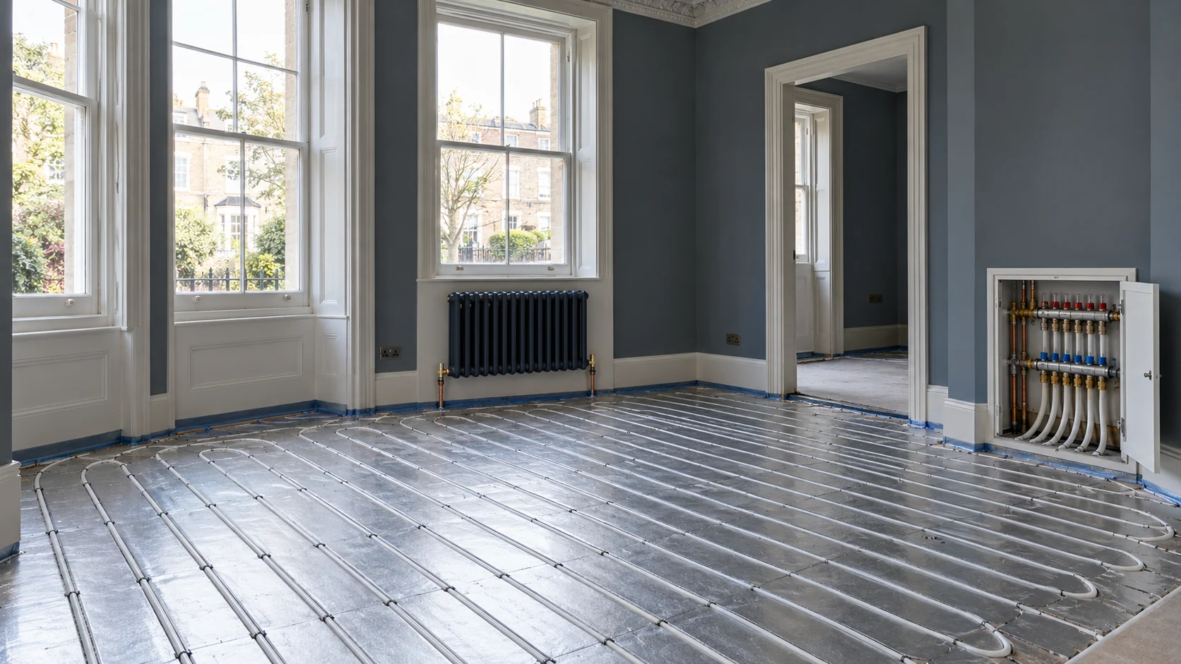 Underfloor heating pipework and a connected radiator in a period room undergoing refurbishment.