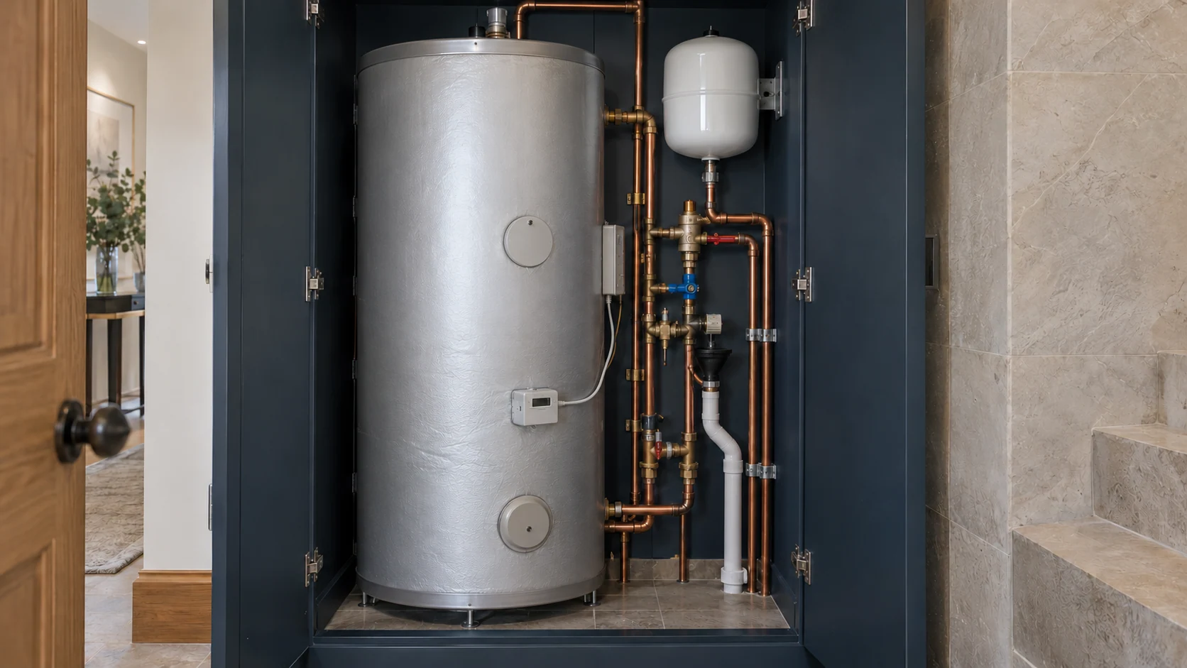 Hot-water cylinder in an accessible plant cupboard with supported copper pipework and expansion vessel.