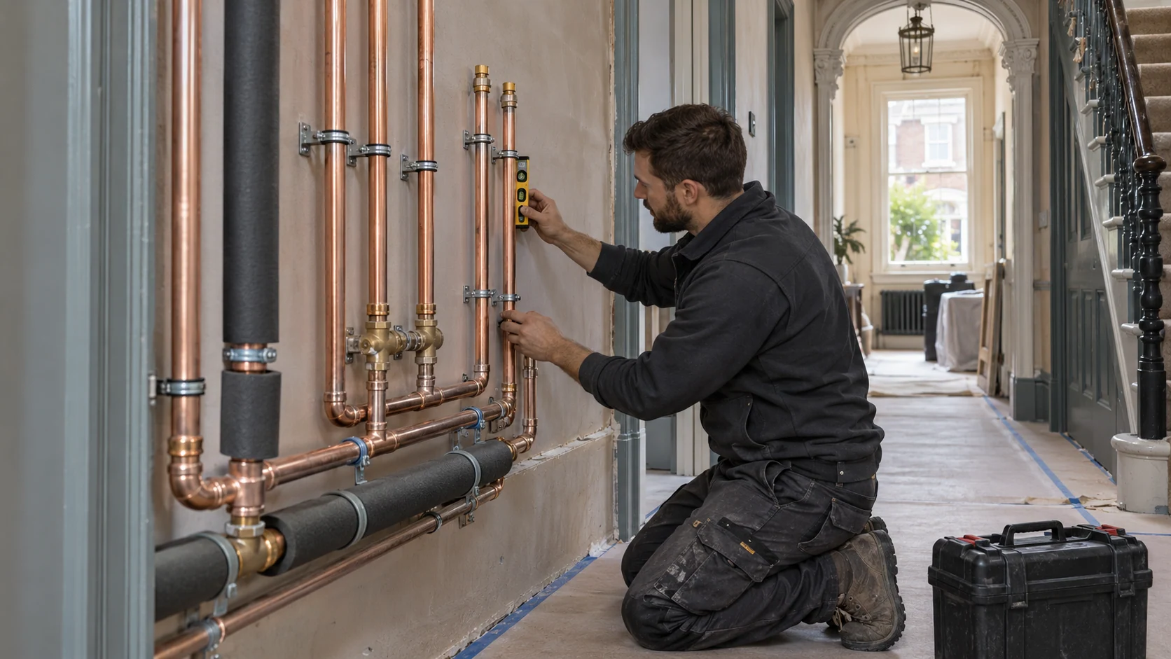 Heating engineer checking neatly supported copper distribution pipework during a house refurbishment.