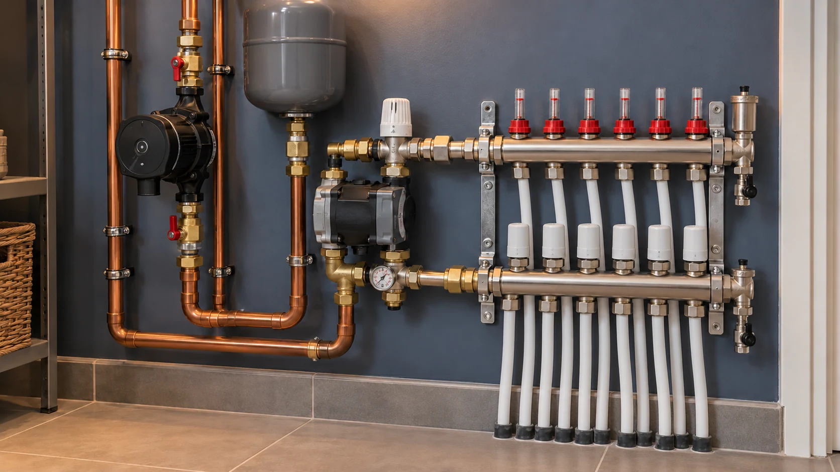 Separate heating distribution circuits beside an underfloor-heating manifold with white pipe connections.