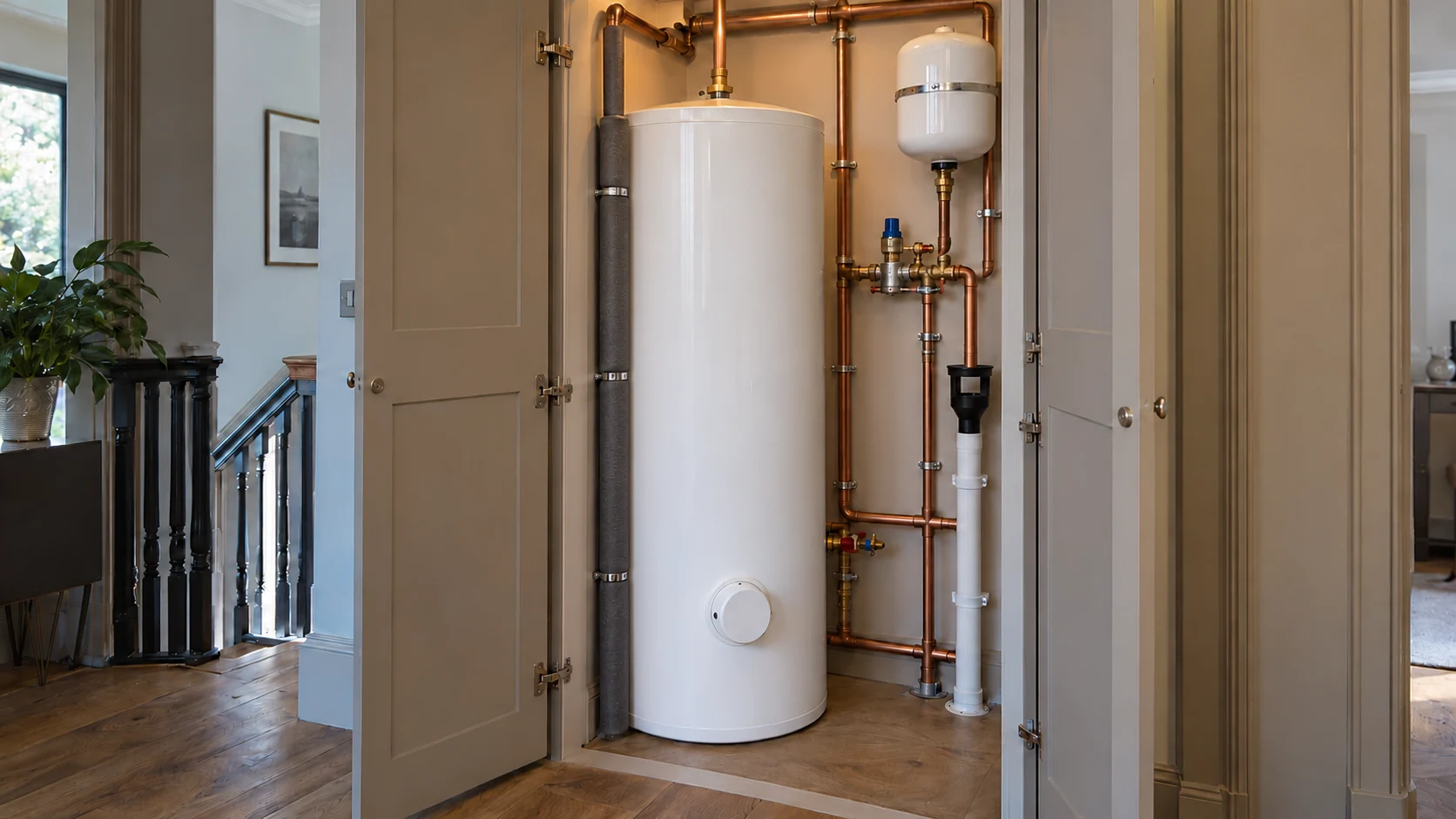 Hot-water cylinder in an open utility cupboard with accessible pipework, valves and expansion vessel.