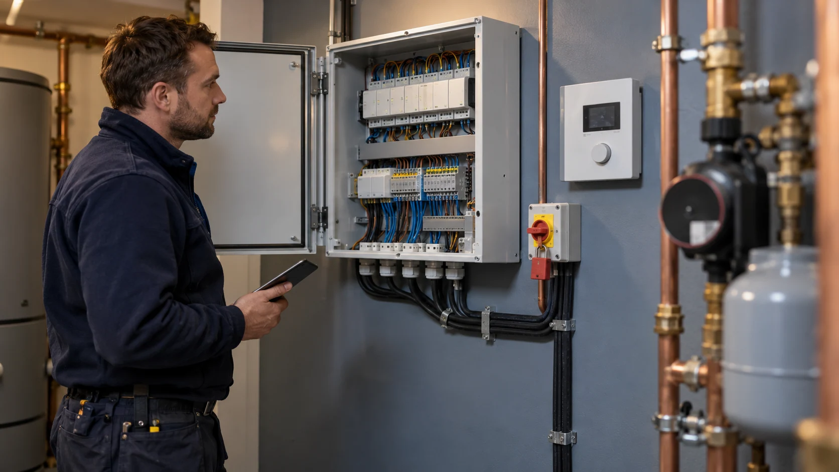Heating installer inspecting neatly arranged control modules and wiring in a domestic plant room.