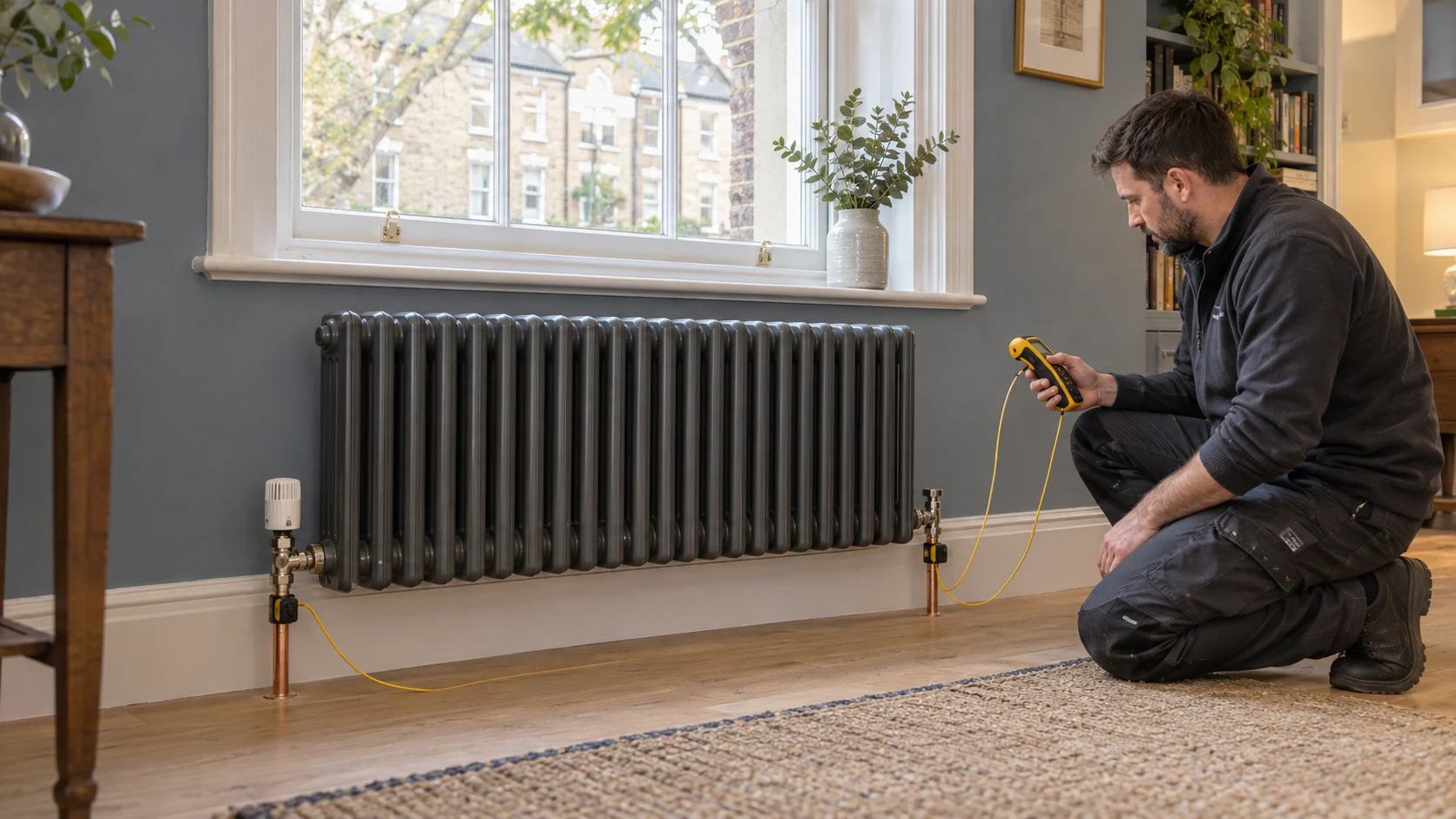 Heating engineer checking radiator flow and return pipe temperatures during system commissioning.