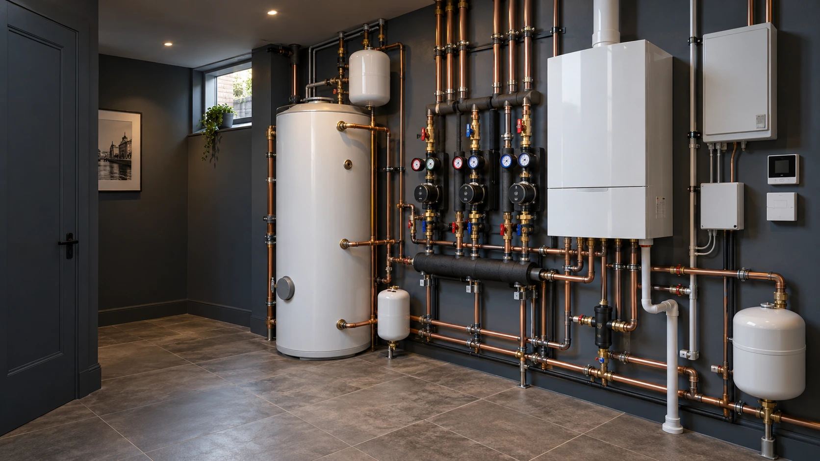 Domestic plant room with hot-water storage, heating pumps, copper distribution pipework and controls.