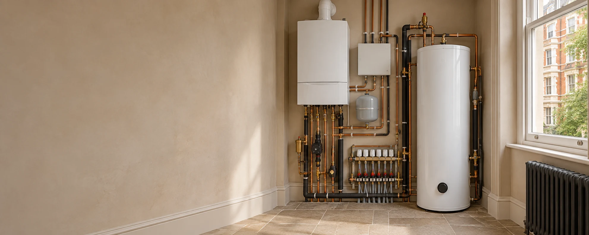Illustration of a compact boiler, hot-water cylinder and heating distribution beside a sash window in a Maida Vale-style home.