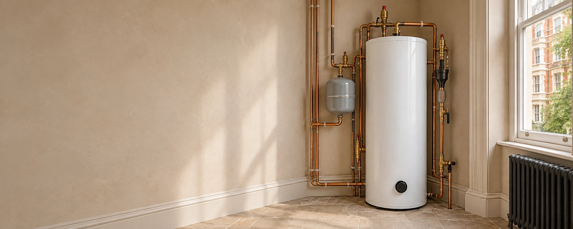 Illustration of a hot-water cylinder with adjacent pipework and service fittings in a Maida Vale-style utility room.