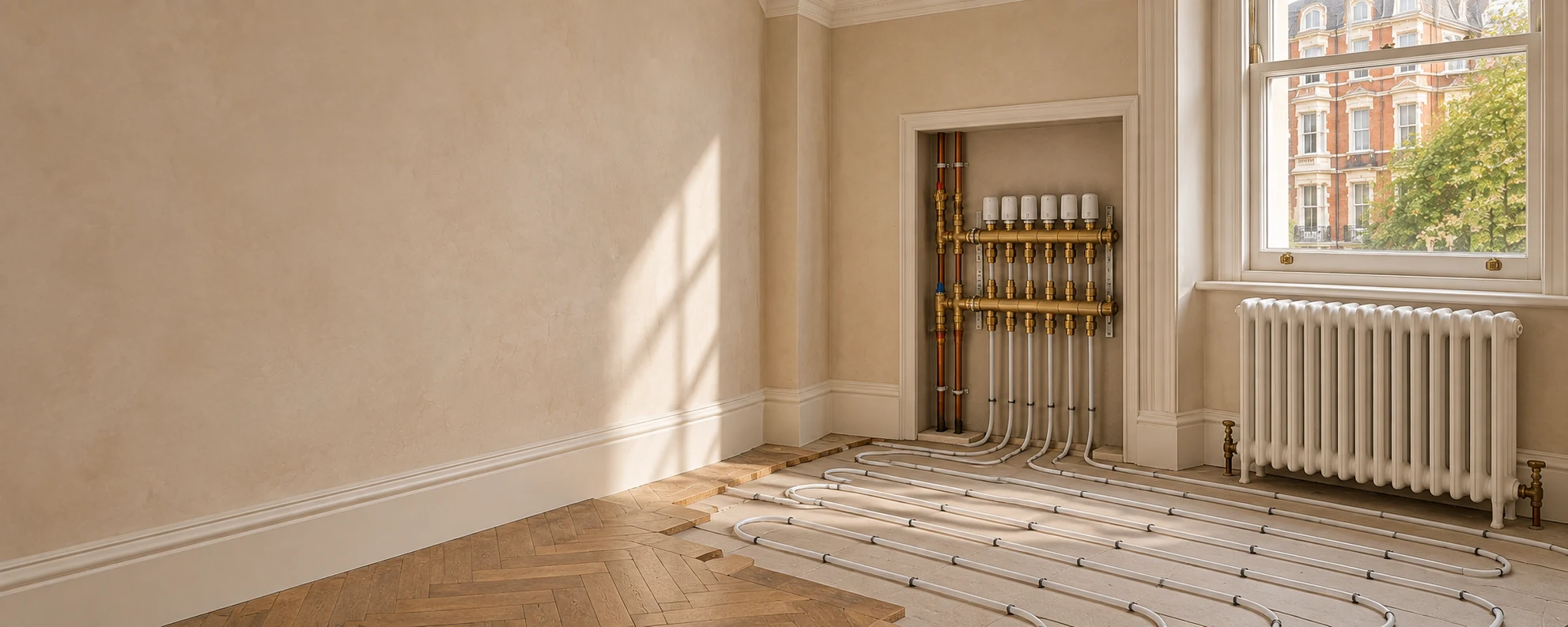 Illustration of a heating manifold, underfloor pipe loops and a column radiator during refurbishment of a Maida Vale-style room.