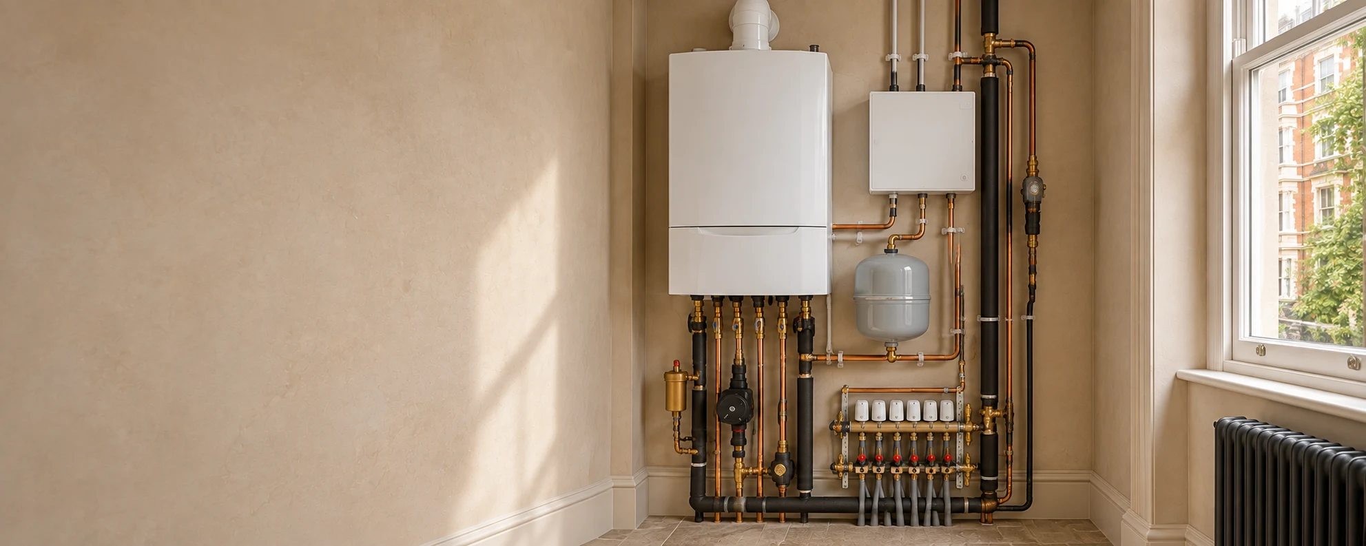 Illustration of a wall-mounted boiler, pump and accessible heating pipework in a Maida Vale-style utility room.