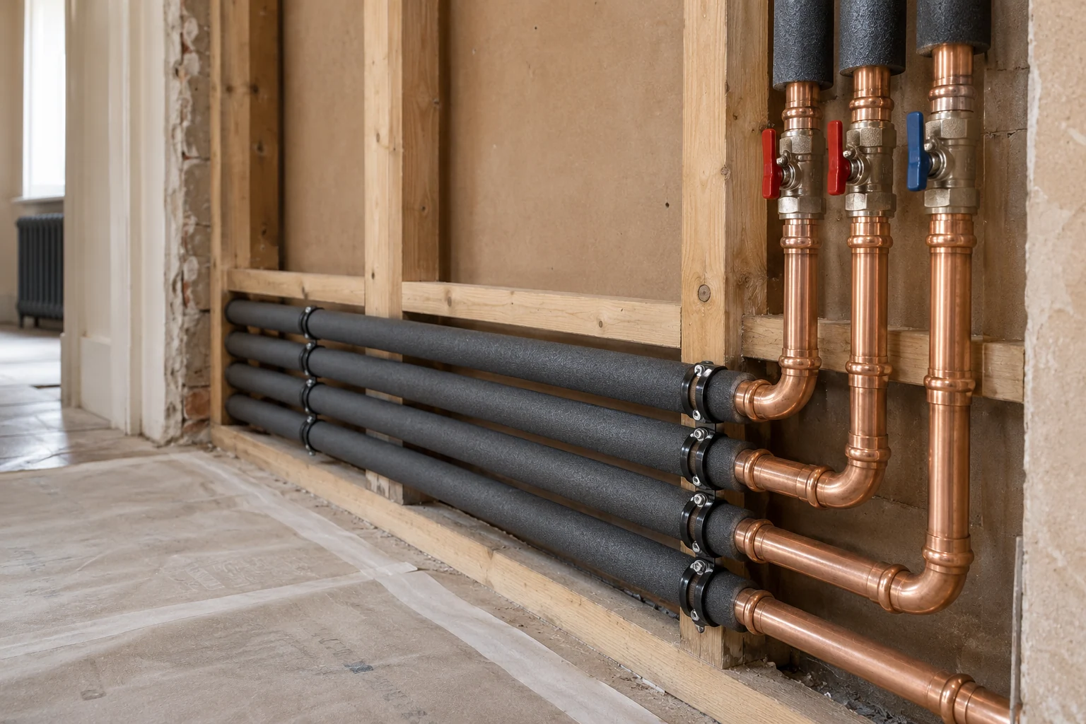 Clipped copper heating pipework with insulation and accessible isolation during first-fix installation.