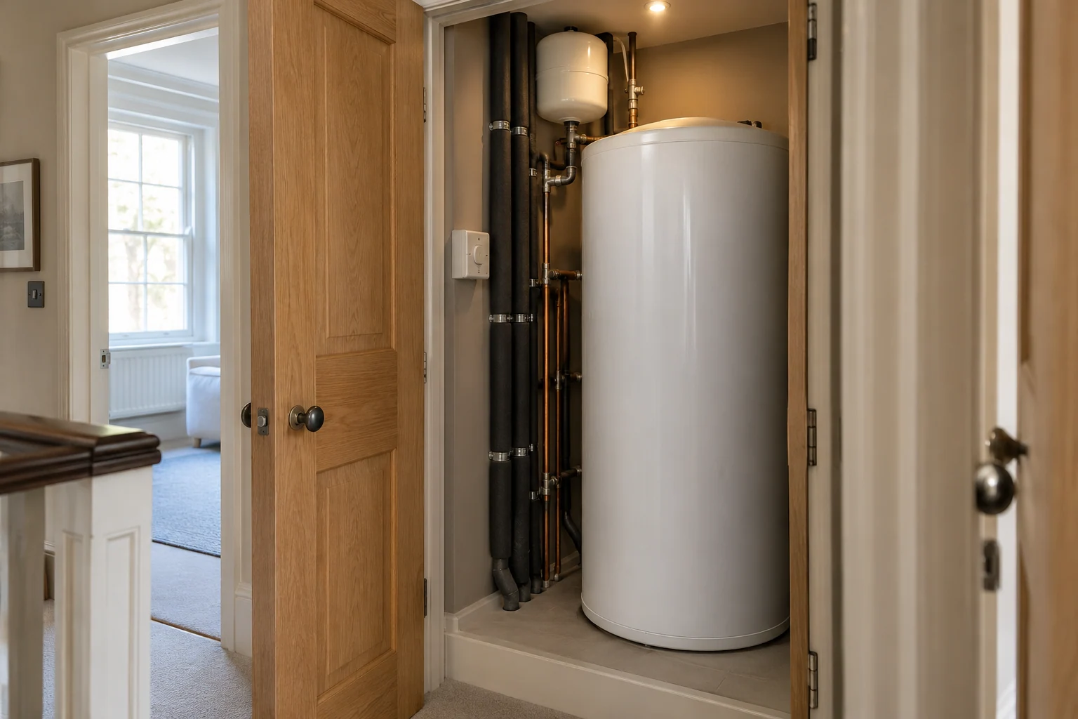 Hot-water cylinder, expansion vessel and insulated services inside an oak-fronted domestic plant cupboard.