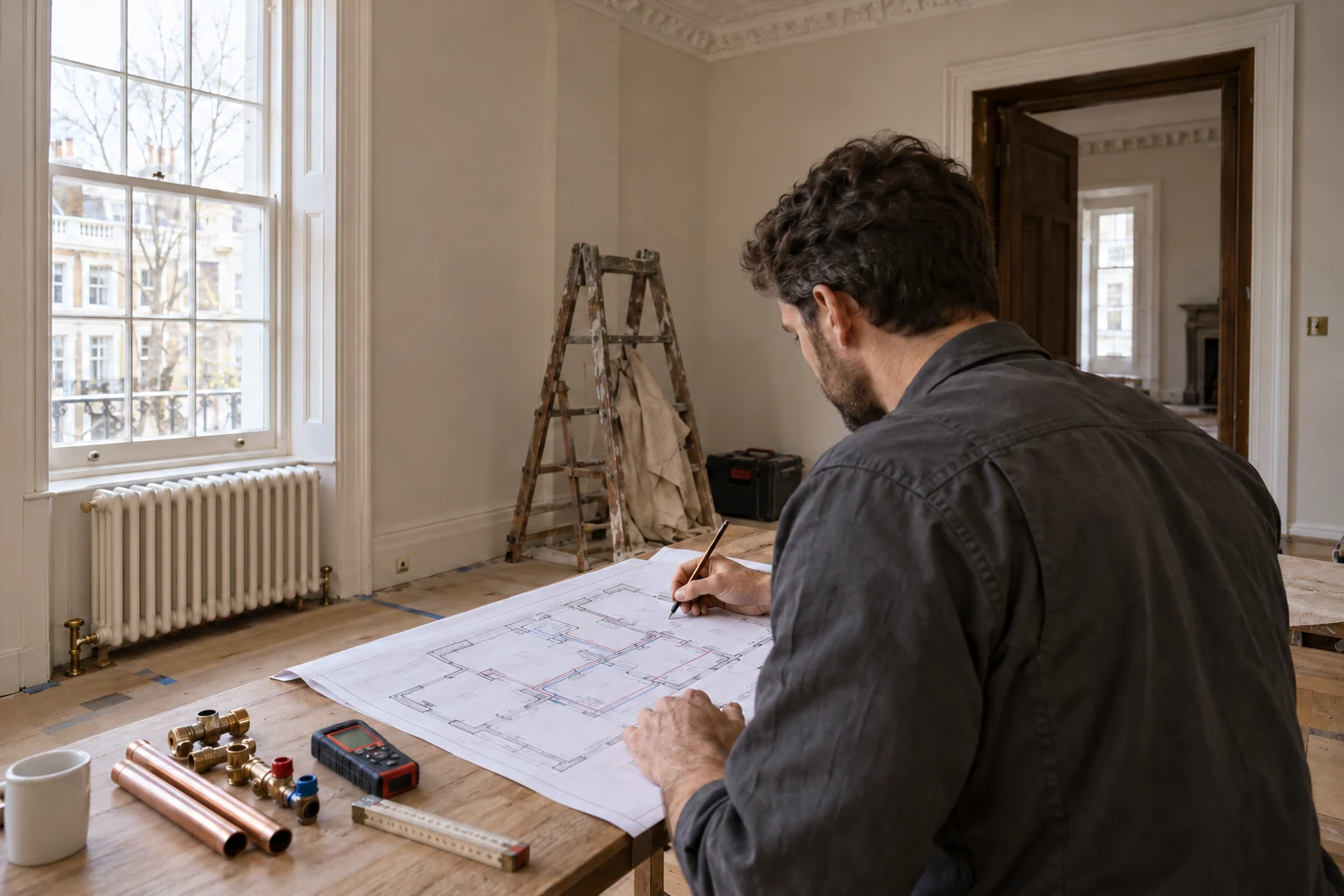 Heating engineer reviewing room layouts and heating plans during a period-flat refurbishment.