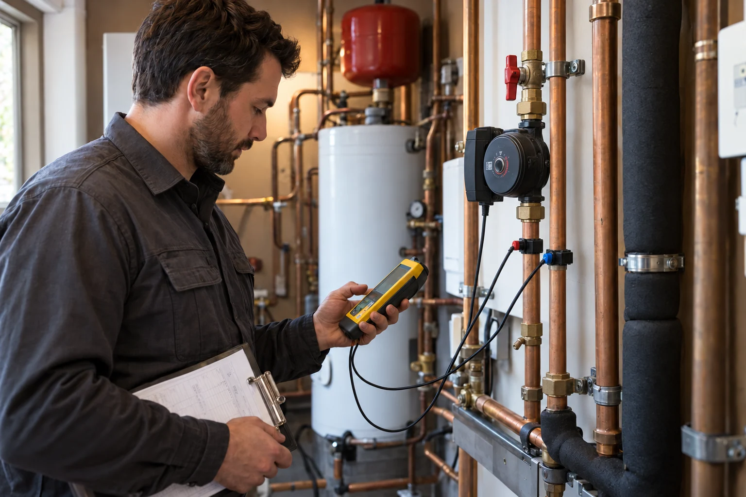 Heating engineer checking flow and return temperatures with contact probes during commissioning.