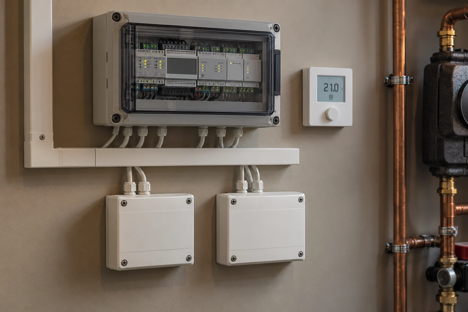Enclosed heating control modules, cable trunking and a wall-mounted temperature controller.