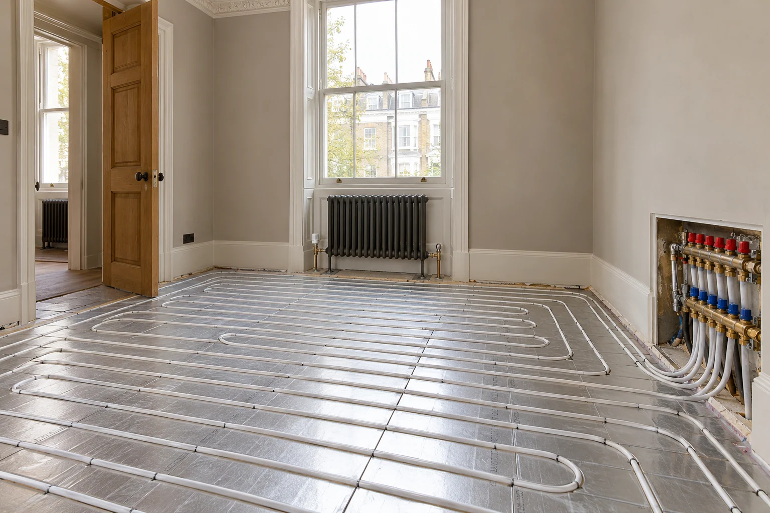 Low-profile underfloor heating pipework in a period-room refurbishment with a column radiator beneath the window.