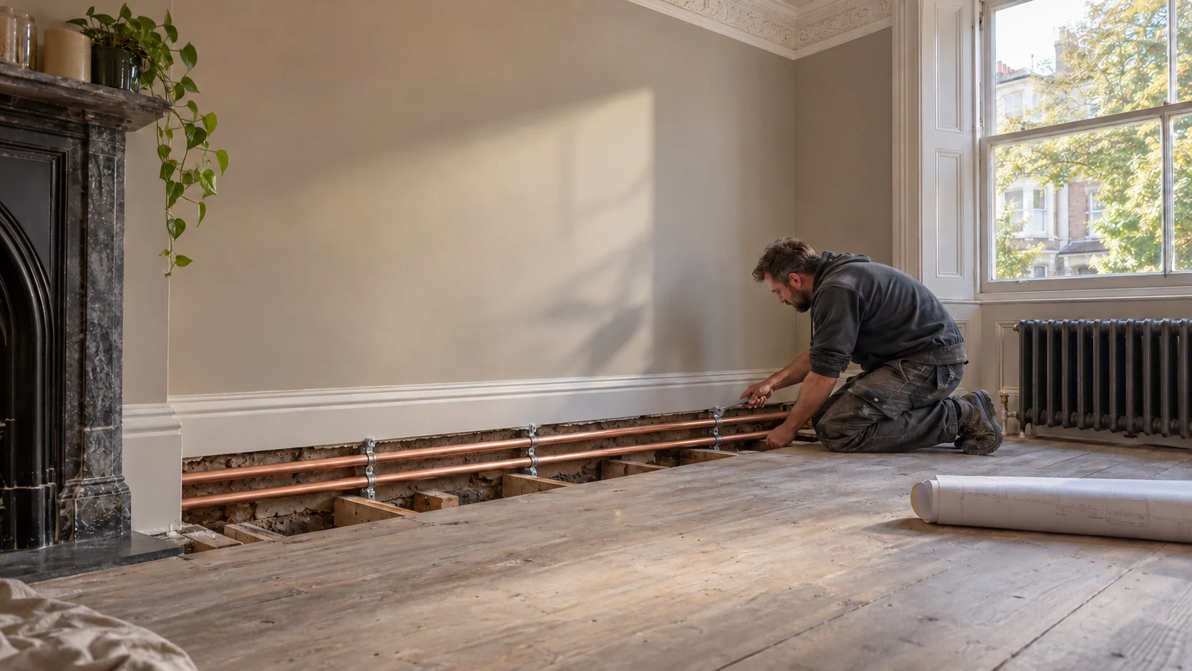 Heating engineer checking new copper pipe routes beside retained floorboards in a period house