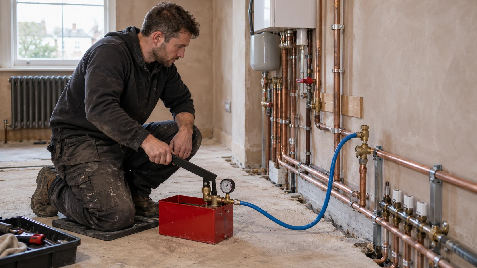 Heating engineer using a manual hydraulic test pump connected to new copper heating pipework