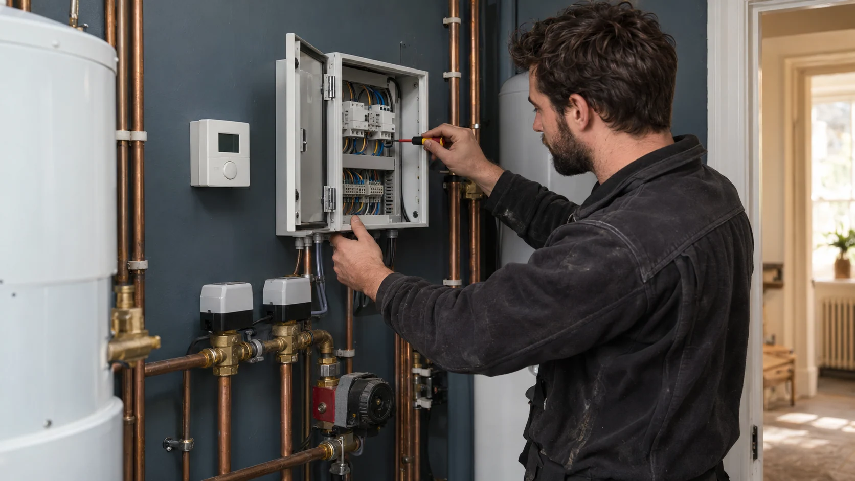 Electrician inspecting an isolated heating control enclosure beside pumps and zone valves