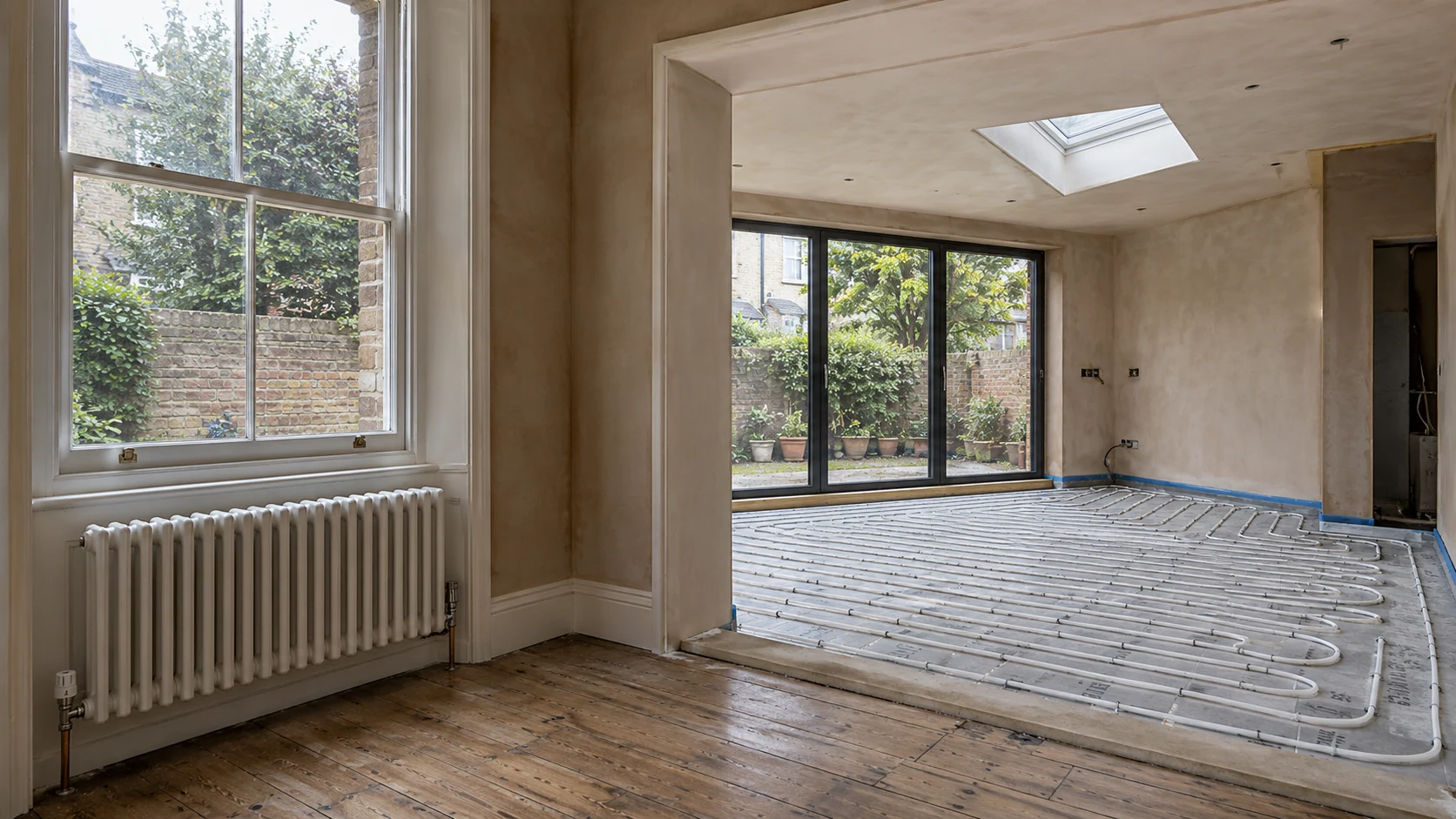 Period reception room with a column radiator opening into an extension with white underfloor heating pipework