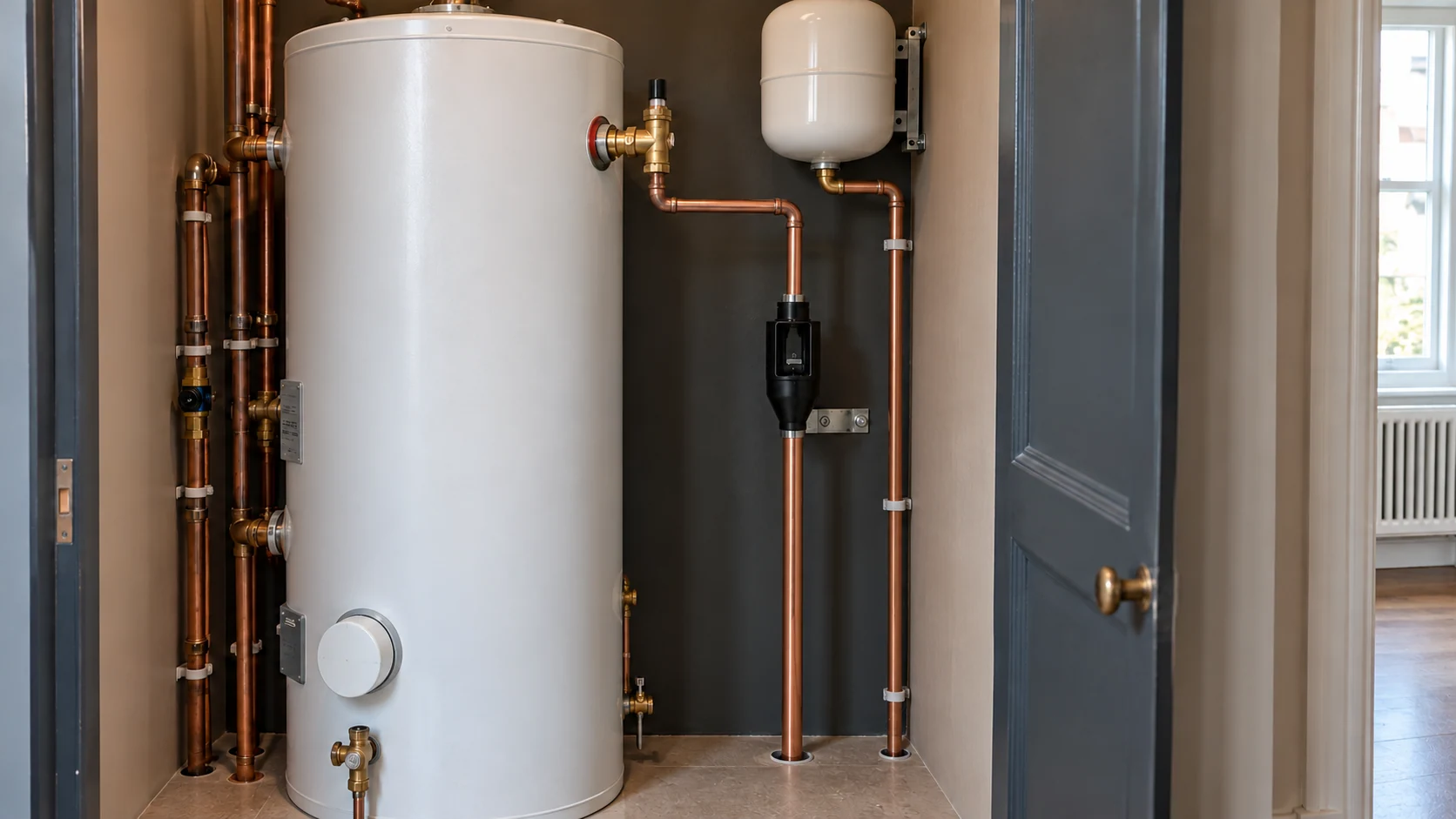 Unvented hot-water cylinder with accessible valves and a vertical tundish in a domestic service cupboard