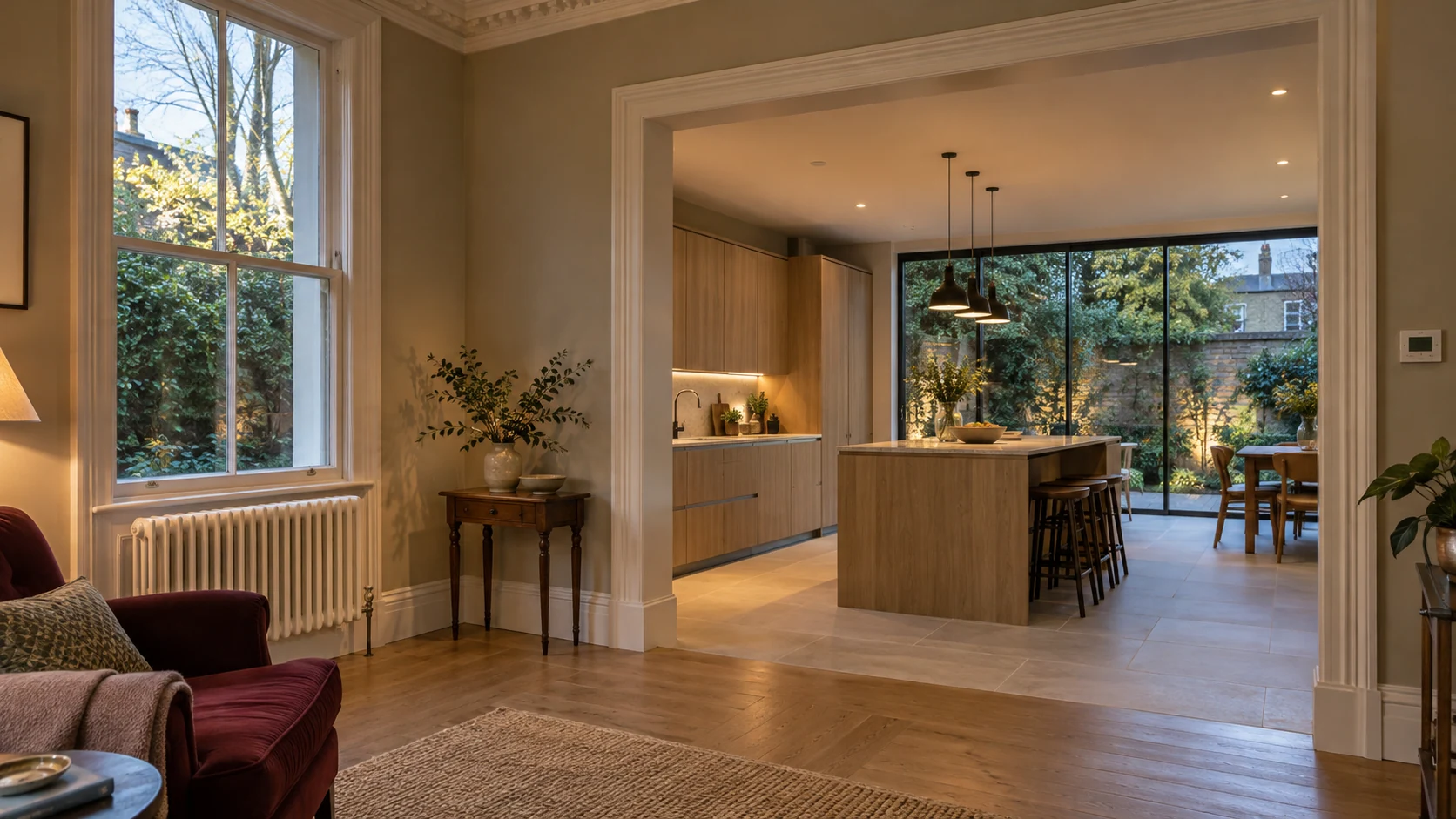 Finished period living room with a column radiator leading into a contemporary kitchen extension
