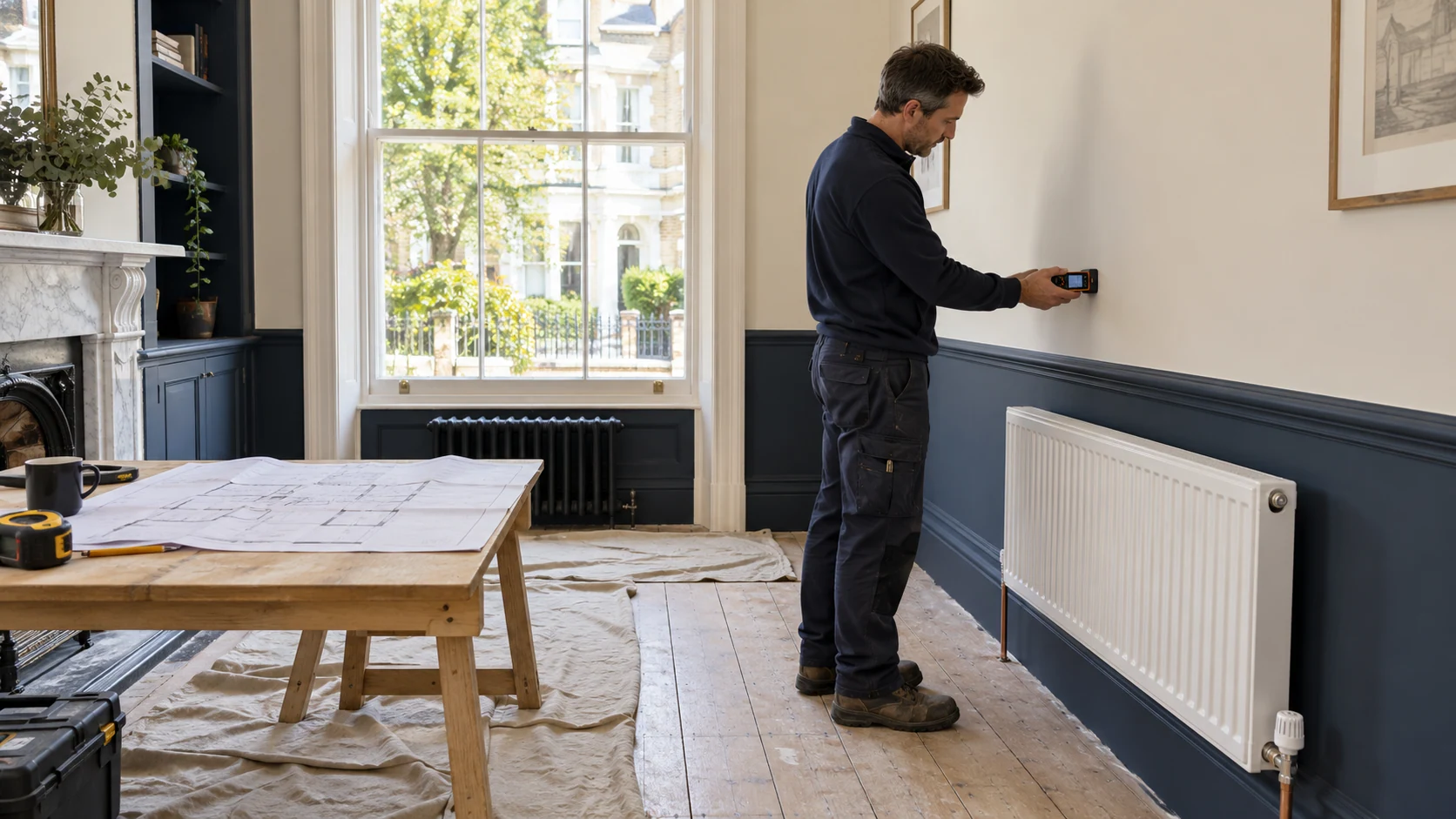 Heating engineer surveying radiator positions and room dimensions before a home renovation