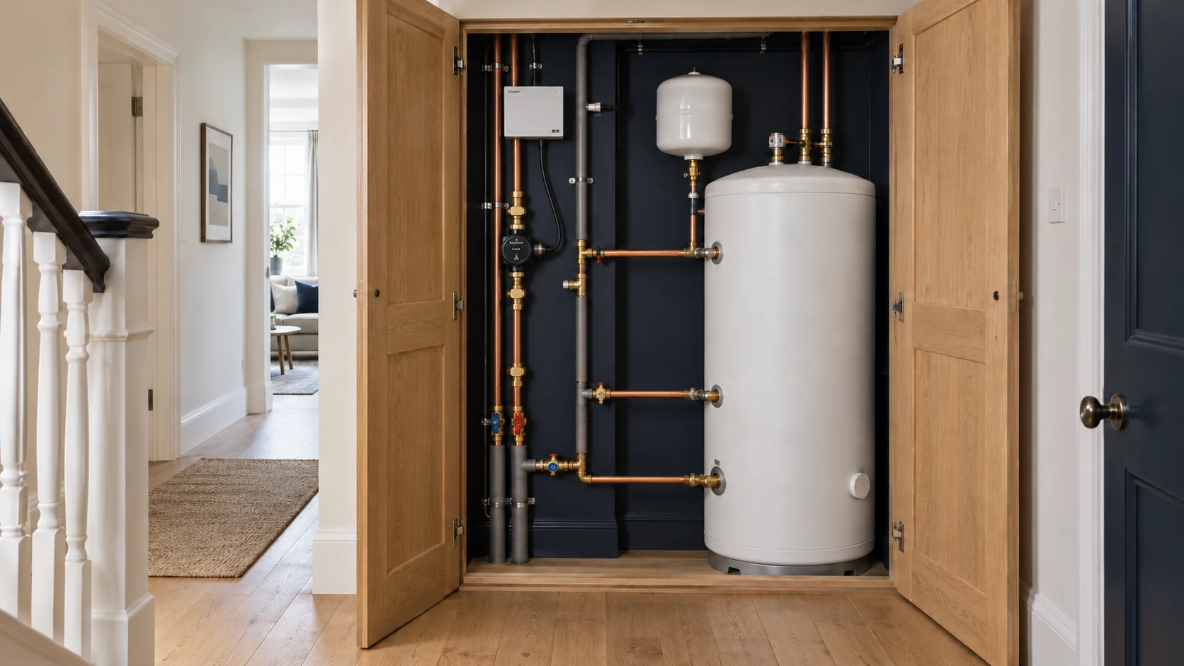 Open domestic plant cupboard with a hot-water cylinder and accessible heating distribution equipment