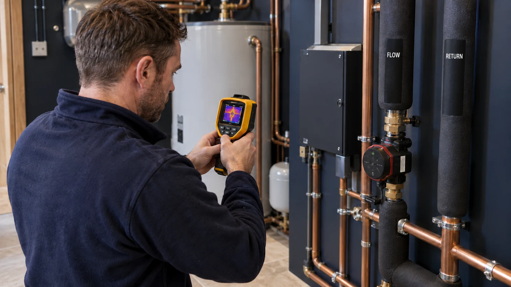 Heating engineer using a thermal imaging camera to inspect insulated pipework during commissioning