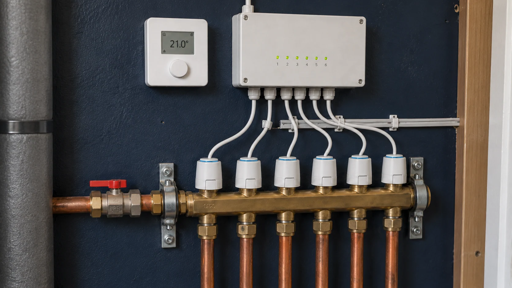 Heating zone controller and enclosed wiring centre above manifold actuators