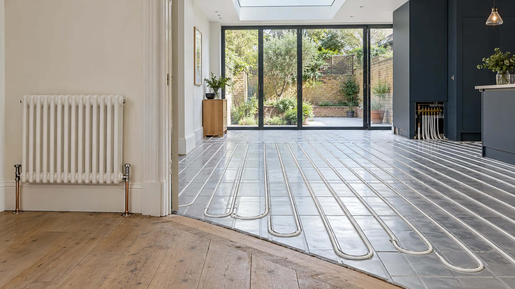 Low-profile underfloor heating pipework in an extension adjoining a room with a retained radiator