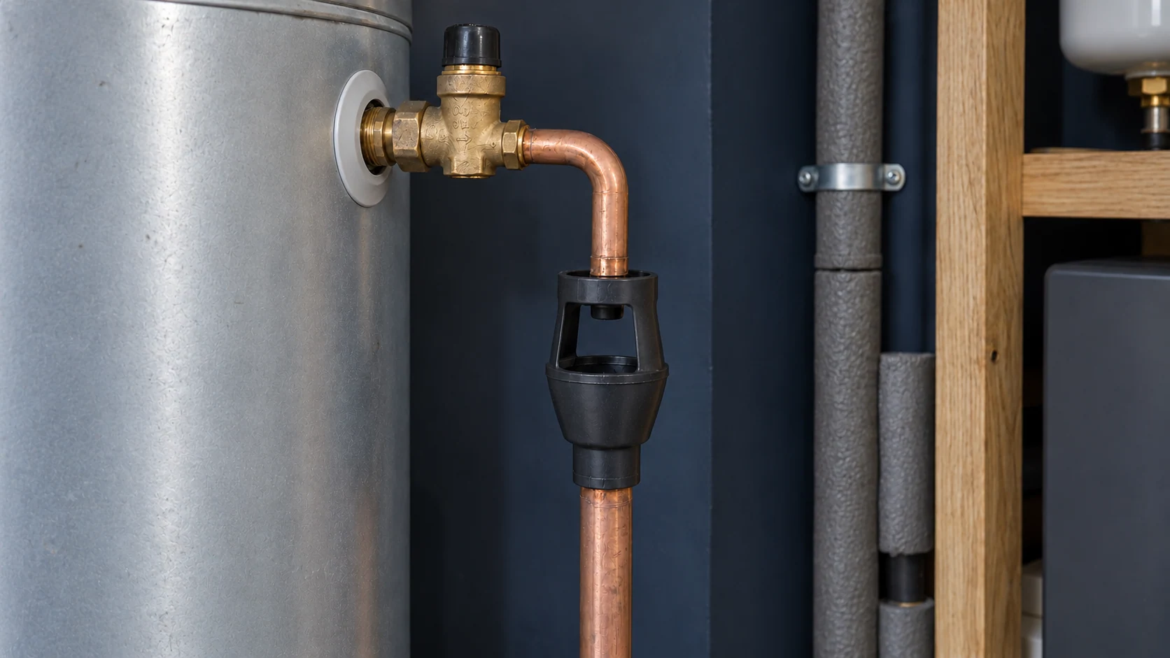Close-up of hot-water cylinder safety pipework and an accessible tundish in a domestic plant room