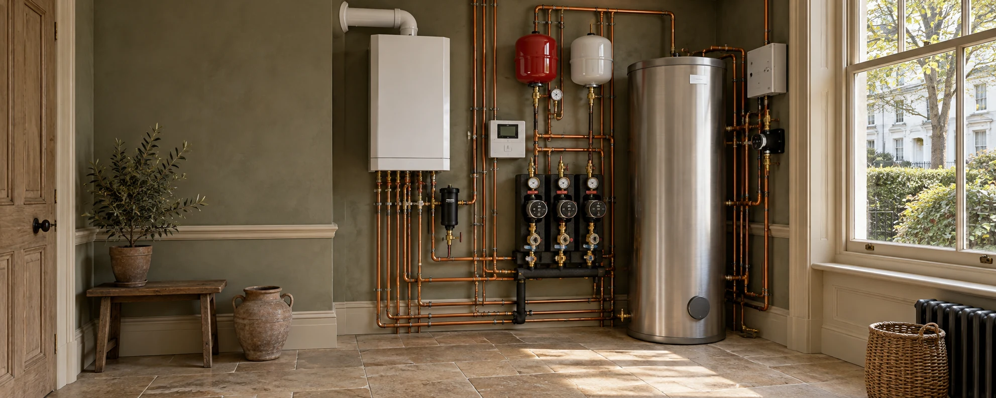 Illustration of a boiler, hot-water cylinder and heating pumps in a St John’s Wood-style villa, with white stucco houses visible through a sash window.