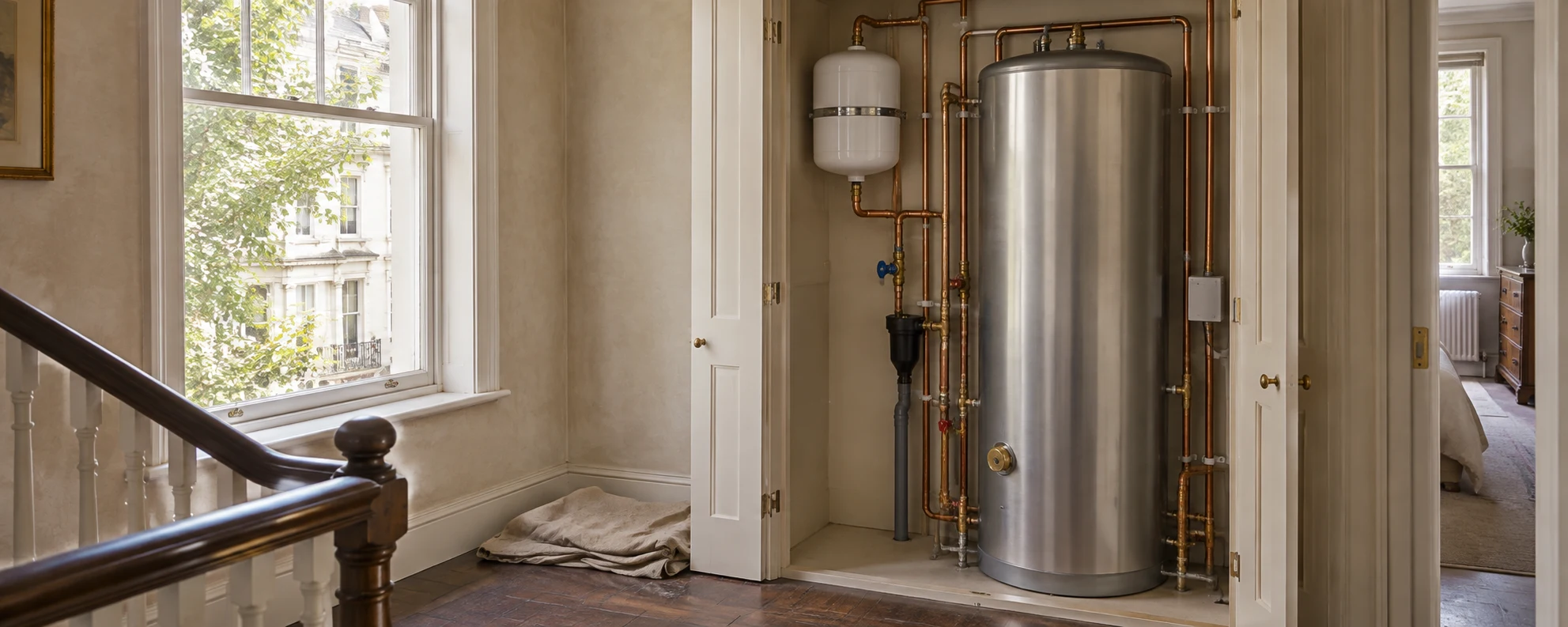 Illustration of a hot-water cylinder and adjacent service fittings inside an open cupboard on a period-house landing.