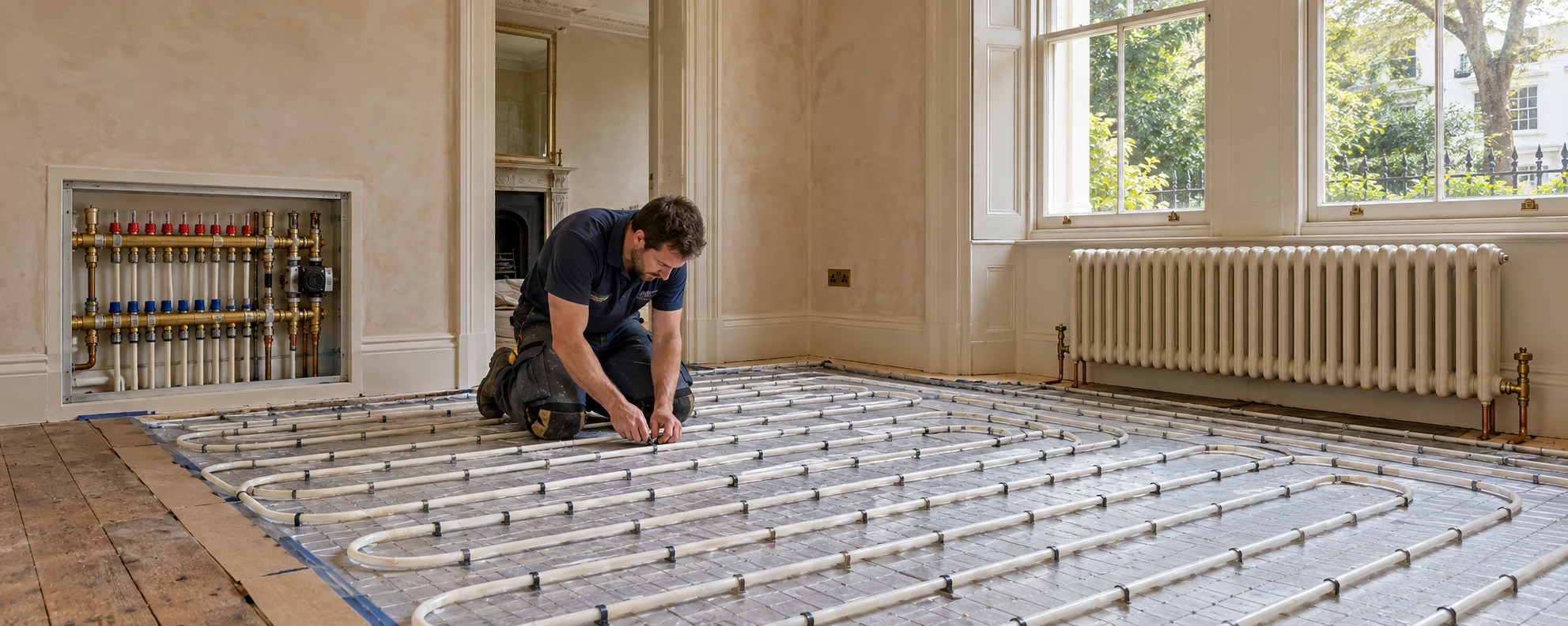 Illustration of an engineer securing underfloor heating pipes beside a manifold and column radiator in a period room.
