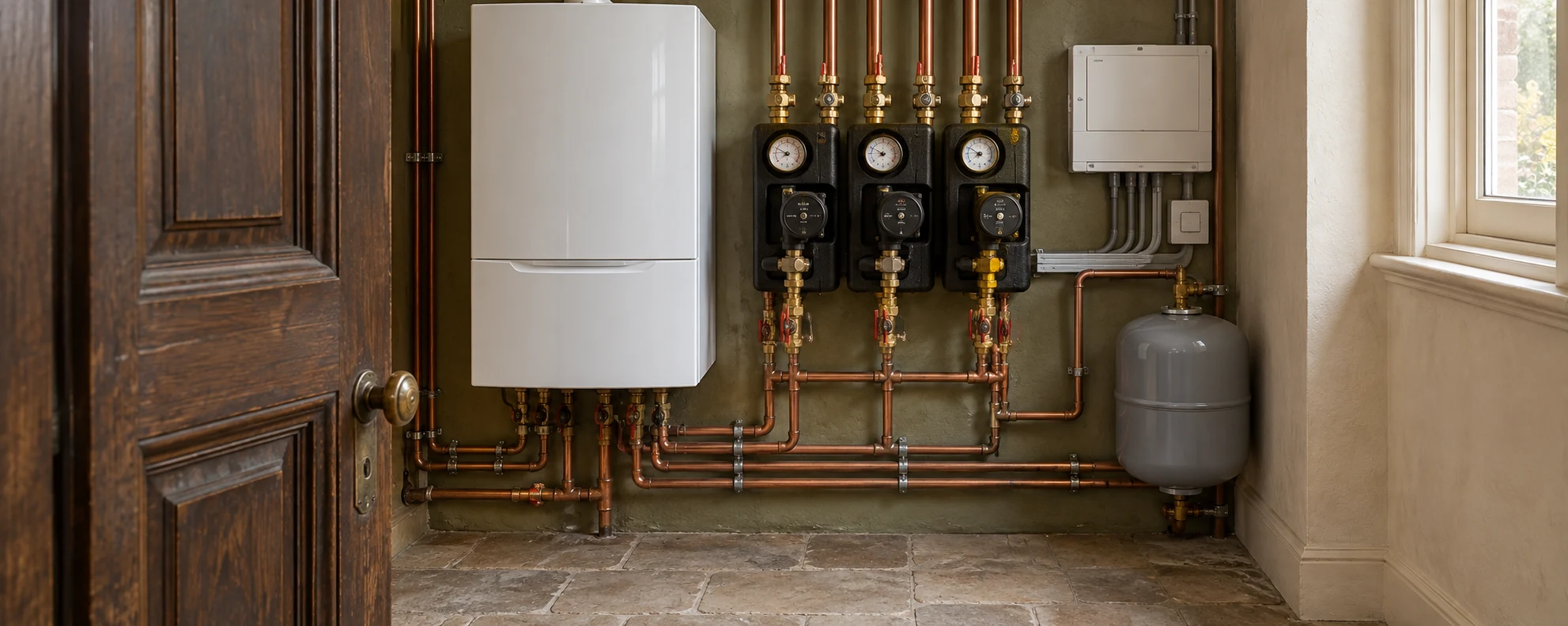 Illustration of a boiler, heating pump groups and accessible valves in a traditional utility alcove.