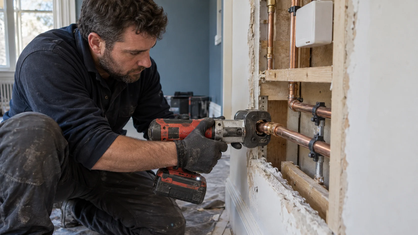 Heating engineer using a battery press tool on a copper press-fit joint in an accessible service recess.