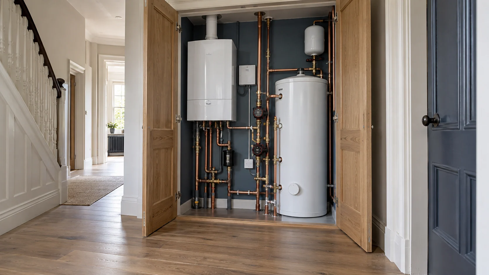 Open domestic plant cupboard showing an organised heating installation with clear access in front of the equipment.